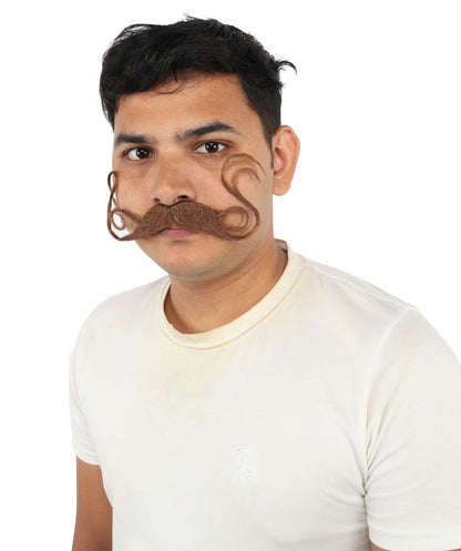 Brown Handlebar Mustache for Men | Curly Costume Facial Hair Accessory | Retro Style Fake Mustache for Halloween, Cosplay, Theater, and Parties