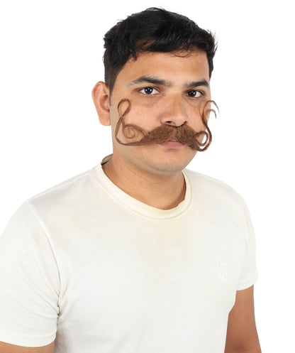 Brown Handlebar Mustache for Men | Curly Costume Facial Hair Accessory | Retro Style Fake Mustache for Halloween, Cosplay, Theater, and Parties