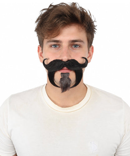 HPO Curled Handlebar Mustache with Pointed Goatee Beard Facial Hair for Men - Full Curled Mustache Paired with a Distinctive Pointed Chin Beard for Halloween Cosplay Parties & Creative Dress-Up