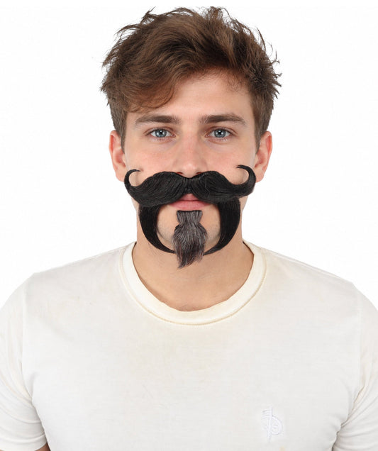 HPO Curled Handlebar Mustache with Pointed Goatee Beard Facial Hair for Men - Full Curled Mustache Paired with a Distinctive Pointed Chin Beard for Halloween Cosplay Parties & Creative Dress-Up