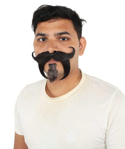 HPO Curled Handlebar Mustache with Pointed Goatee Beard Facial Hair for Men - Full Curled Mustache Paired with a Distinctive Pointed Chin Beard for Halloween Cosplay Parties & Creative Dress-Up