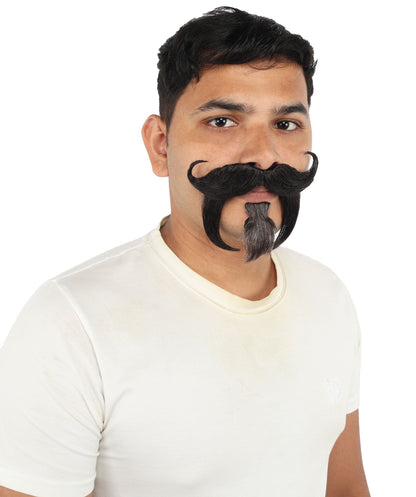 HPO Curled Handlebar Mustache with Pointed Goatee Beard Facial Hair for Men - Full Curled Mustache Paired with a Distinctive Pointed Chin Beard for Halloween Cosplay Parties & Creative Dress-Up