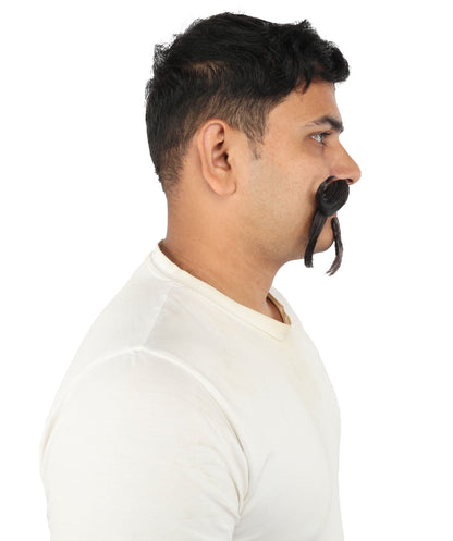 HPO Curled Handlebar Mustache with Pointed Goatee Beard Facial Hair for Men - Full Curled Mustache Paired with a Distinctive Pointed Chin Beard for Halloween Cosplay Parties & Creative Dress-Up