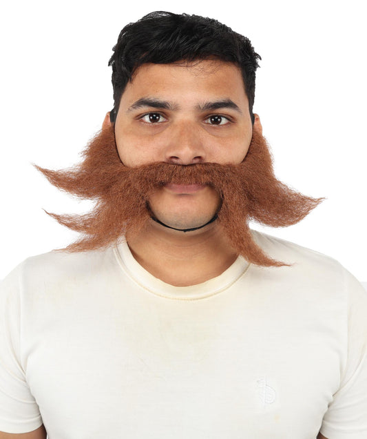 HPO Handlebar Mustache with Extended Sideburn Beard Set Synthetic for Men - Full Mustache Styling Dramatically Extended Side Sections and Sculpted Facial Hair Retro Look for Halloween Cosplay Events