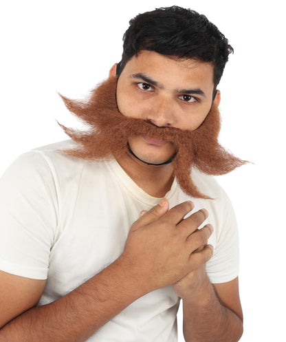 HPO Handlebar Mustache with Extended Sideburn Beard Set Synthetic for Men - Full Mustache Styling Dramatically Extended Side Sections and Sculpted Facial Hair Retro Look for Halloween Cosplay Events