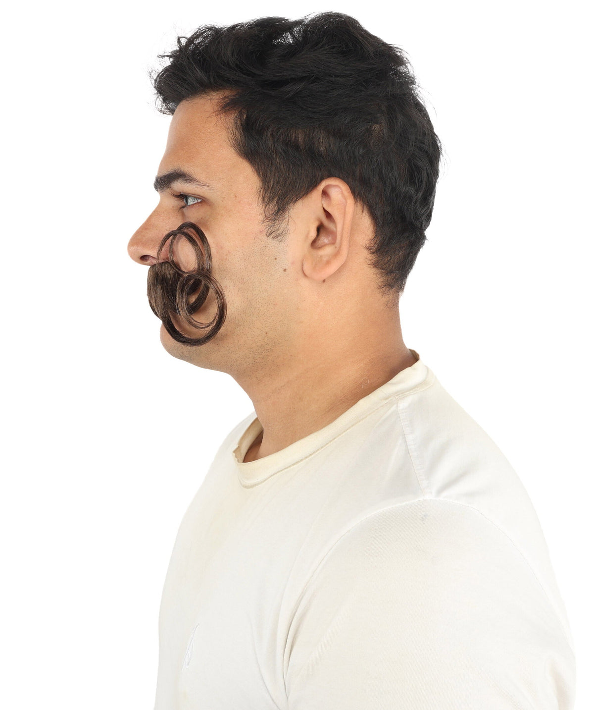 HPO Men's Swept Up Pompadour Wig with Mustache & Long Full Beard Set - Dramatically Raised Facial Hair with Sculpted Layers Styled Mustache and Long Beard for Bold Retro Look Cosplay Parties