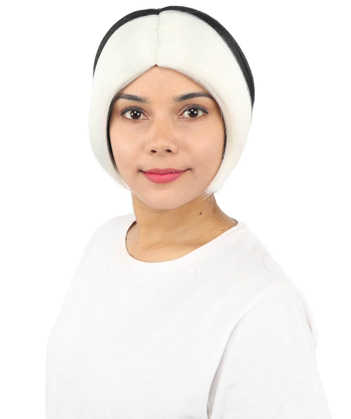 HPO Short Black & White Straight Wig with Side Bangs for Teen & Adult - Two-Tone Smooth Strands Hair Suitable for Cosplay Costume Styling Photography & Creative Dress-Up