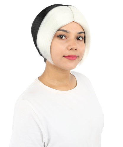 HPO Short Black & White Straight Wig with Side Bangs for Teen & Adult - Two-Tone Smooth Strands Hair Suitable for Cosplay Costume Styling Photography & Creative Dress-Up