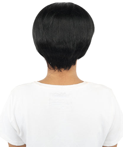 HPO Short Black & White Straight Wig with Side Bangs for Teen & Adult - Two-Tone Smooth Strands Hair Suitable for Cosplay Costume Styling Photography & Creative Dress-Up