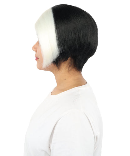 HPO Short Black & White Straight Wig with Side Bangs for Teen & Adult - Two-Tone Smooth Strands Hair Suitable for Cosplay Costume Styling Photography & Creative Dress-Up