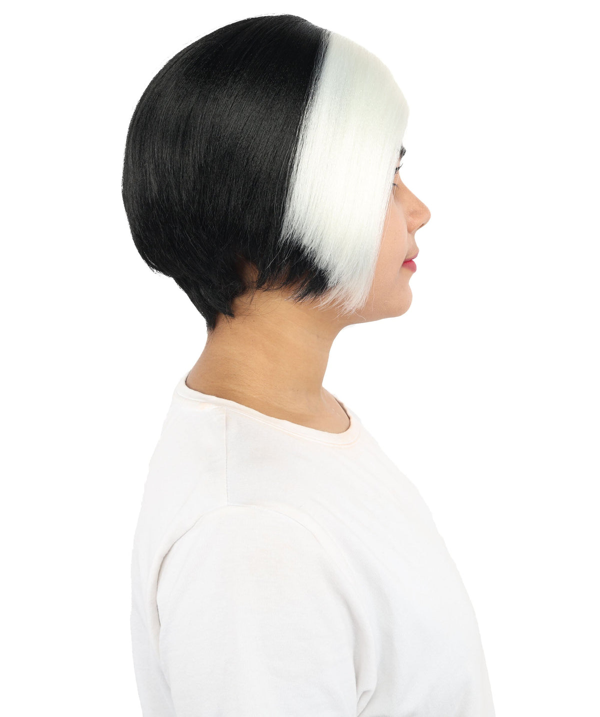 HPO Short Black & White Straight Wig with Side Bangs for Teen & Adult - Two-Tone Smooth Strands Hair Suitable for Cosplay Costume Styling Photography & Creative Dress-Up