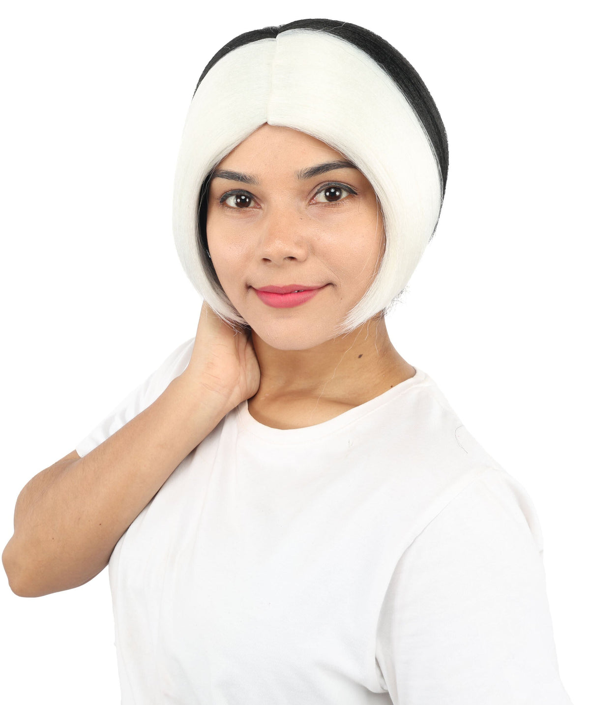 HPO Short Black & White Straight Wig with Side Bangs for Teen & Adult - Two-Tone Smooth Strands Hair Suitable for Cosplay Costume Styling Photography & Creative Dress-Up