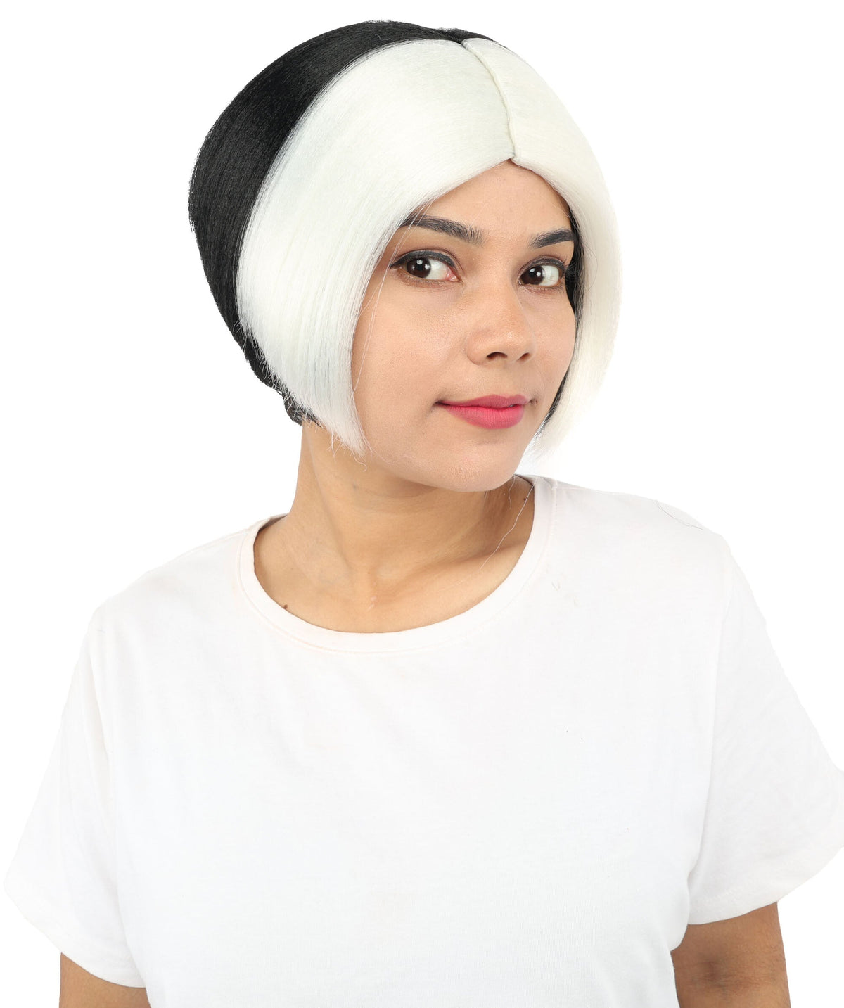 HPO Short Black & White Straight Wig with Side Bangs for Teen & Adult - Two-Tone Smooth Strands Hair Suitable for Cosplay Costume Styling Photography & Creative Dress-Up
