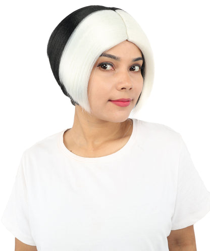 HPO Short Black & White Straight Wig with Side Bangs for Teen & Adult - Two-Tone Smooth Strands Hair Suitable for Cosplay Costume Styling Photography & Creative Dress-Up