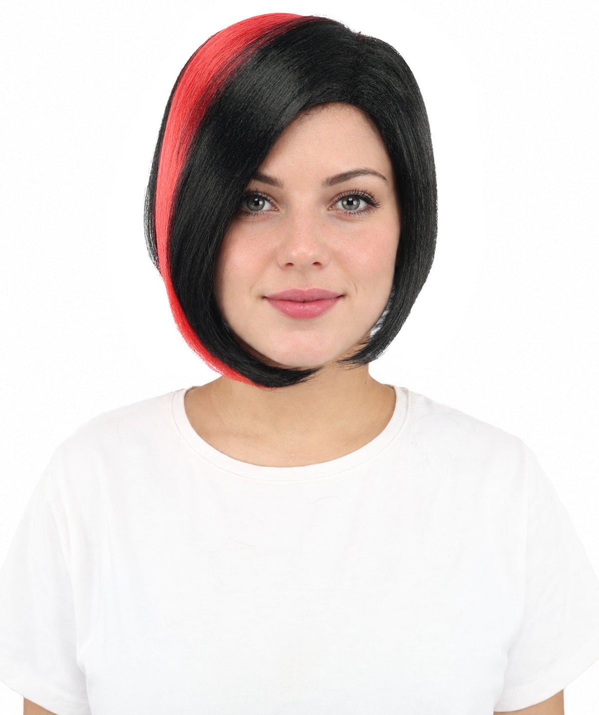 HPO Short Asymmetrical Straight Wig with Side Swept Bangs for Teen & Adult - Edgy Asymmetrical Cut With Smooth Straight Strands and Bold Color Accents Suitable for Cosplay Themed Styling