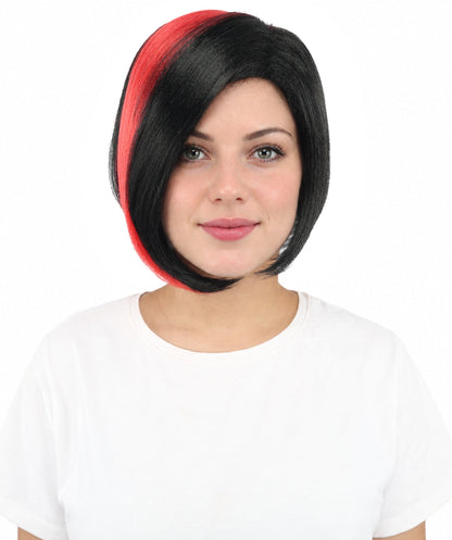 HPO Short Asymmetrical Straight Wig with Side Swept Bangs for Teen & Adult - Edgy Asymmetrical Cut With Smooth Straight Strands and Bold Color Accents Suitable for Cosplay Themed Styling