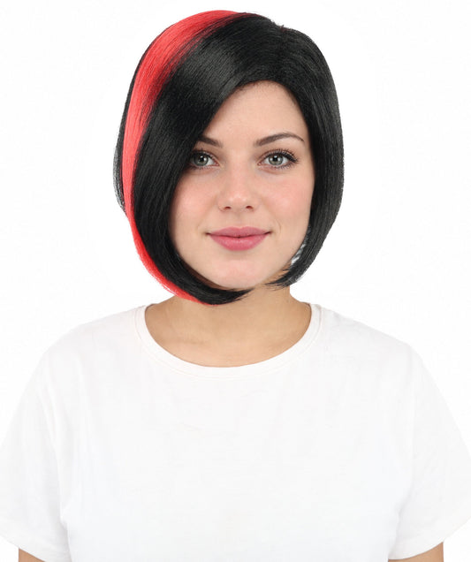 HPO Short Asymmetrical Straight Wig with Side Swept Bangs for Teen & Adult - Edgy Asymmetrical Cut With Smooth Straight Strands and Bold Color Accents Suitable for Cosplay Themed Styling