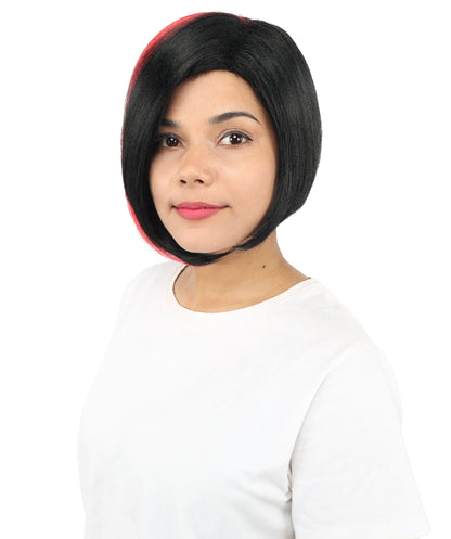 HPO Short Asymmetrical Straight Wig with Side Swept Bangs for Teen & Adult - Edgy Asymmetrical Cut With Smooth Straight Strands and Bold Color Accents Suitable for Cosplay Themed Styling