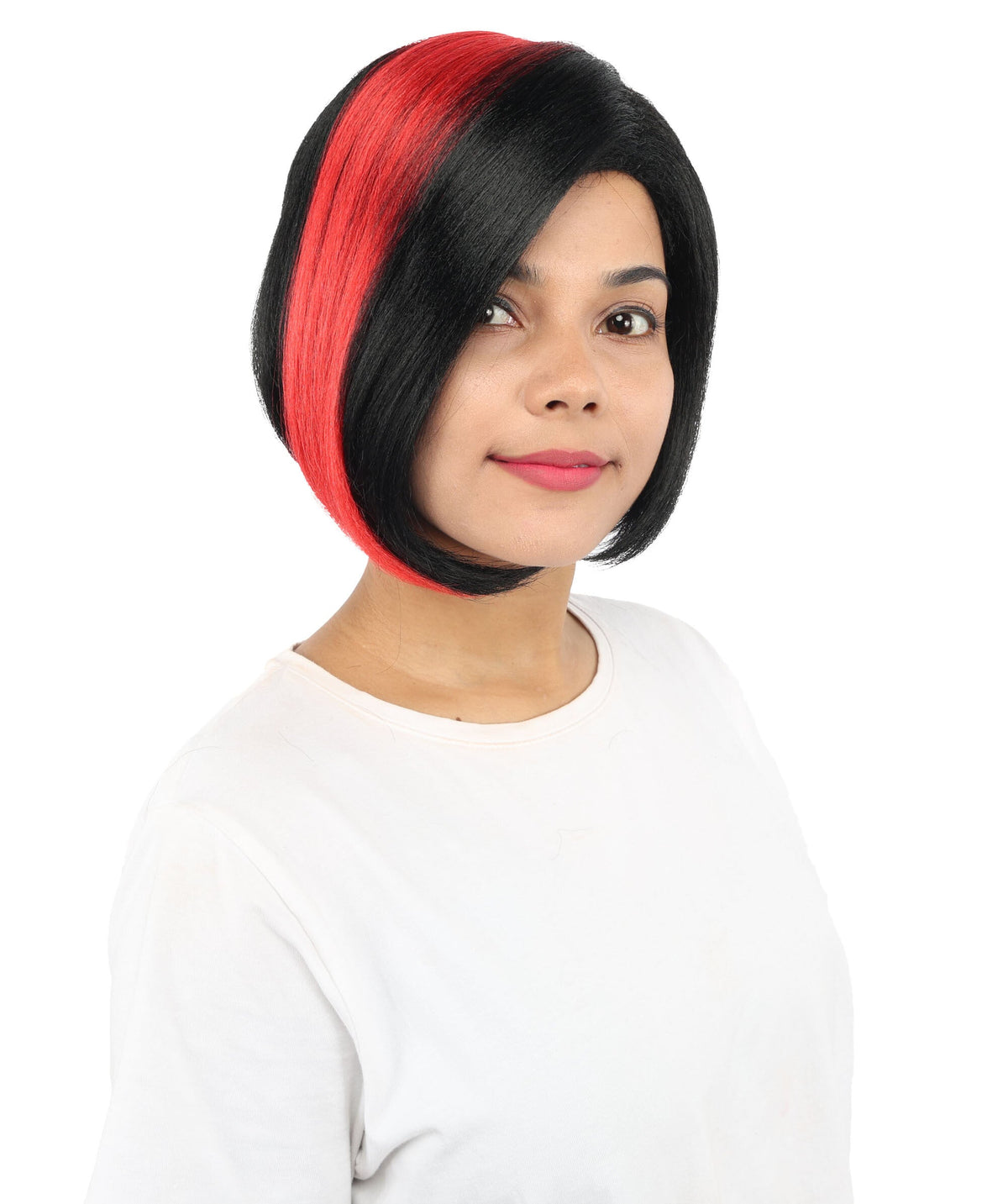 HPO Short Asymmetrical Straight Wig with Side Swept Bangs for Teen & Adult - Edgy Asymmetrical Cut With Smooth Straight Strands and Bold Color Accents Suitable for Cosplay Themed Styling