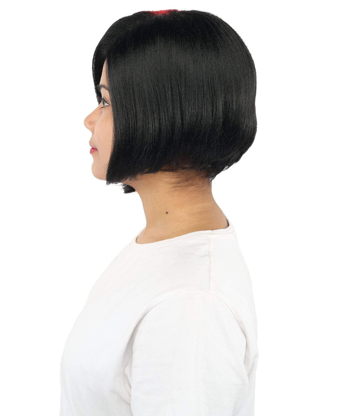HPO Short Asymmetrical Straight Wig with Side Swept Bangs for Teen & Adult - Edgy Asymmetrical Cut With Smooth Straight Strands and Bold Color Accents Suitable for Cosplay Themed Styling