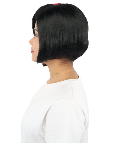 HPO Short Asymmetrical Straight Wig with Side Swept Bangs for Teen & Adult - Edgy Asymmetrical Cut With Smooth Straight Strands and Bold Color Accents Suitable for Cosplay Themed Styling