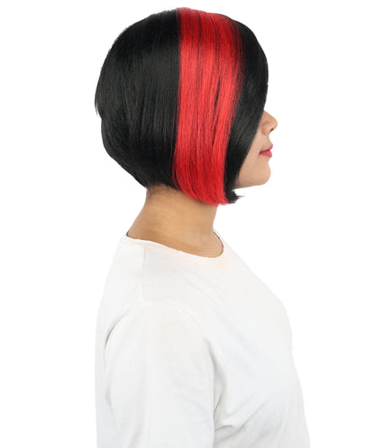 HPO Short Asymmetrical Straight Wig with Side Swept Bangs for Teen & Adult - Edgy Asymmetrical Cut With Smooth Straight Strands and Bold Color Accents Suitable for Cosplay Themed Styling