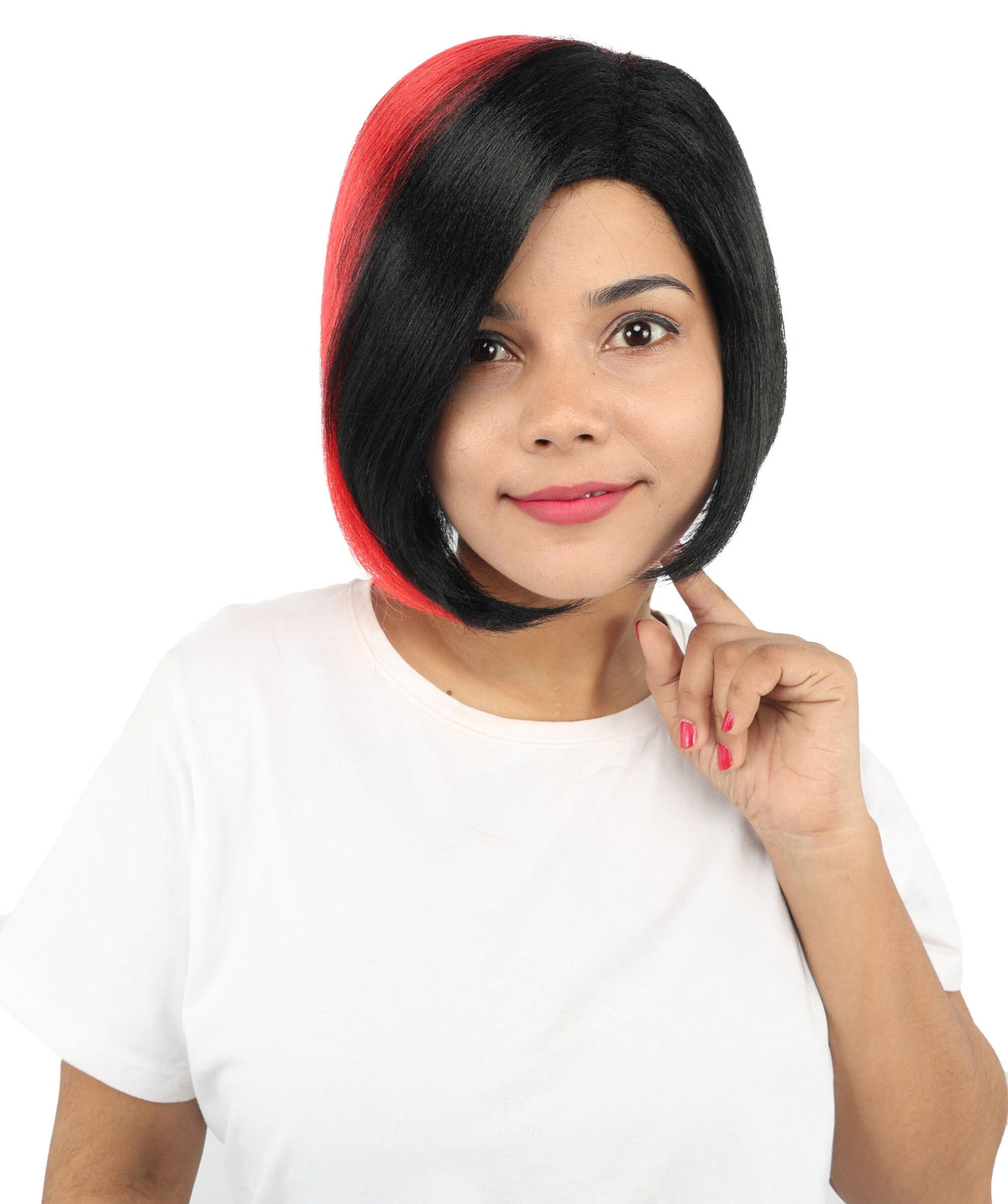 HPO Short Asymmetrical Straight Wig with Side Swept Bangs for Teen & Adult - Edgy Asymmetrical Cut With Smooth Straight Strands and Bold Color Accents Suitable for Cosplay Themed Styling