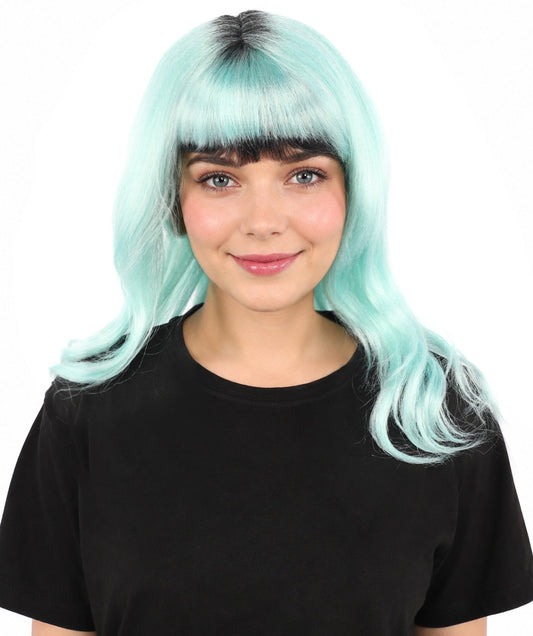 Adult Women's Long Black & Blue Layered Wig | Singer-Inspired Bob Hair Style with Full Bangs | Synthetic Fiber Hairpiece for Halloween and Cosplay