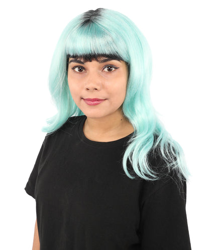 Adult Women's Long Black & Blue Layered Wig | Singer-Inspired Bob Hair Style with Full Bangs | Synthetic Fiber Hairpiece for Halloween and Cosplay