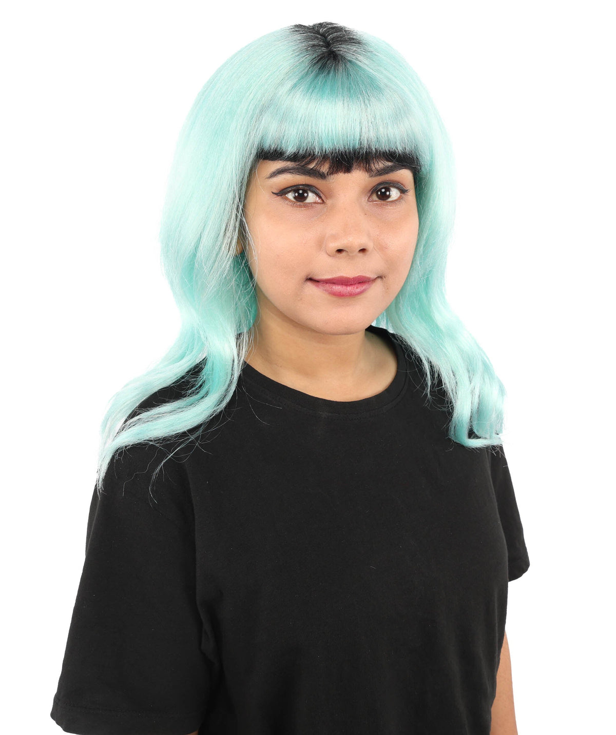 Adult Women's Long Black & Blue Layered Wig | Singer-Inspired Bob Hair Style with Full Bangs | Synthetic Fiber Hairpiece for Halloween and Cosplay
