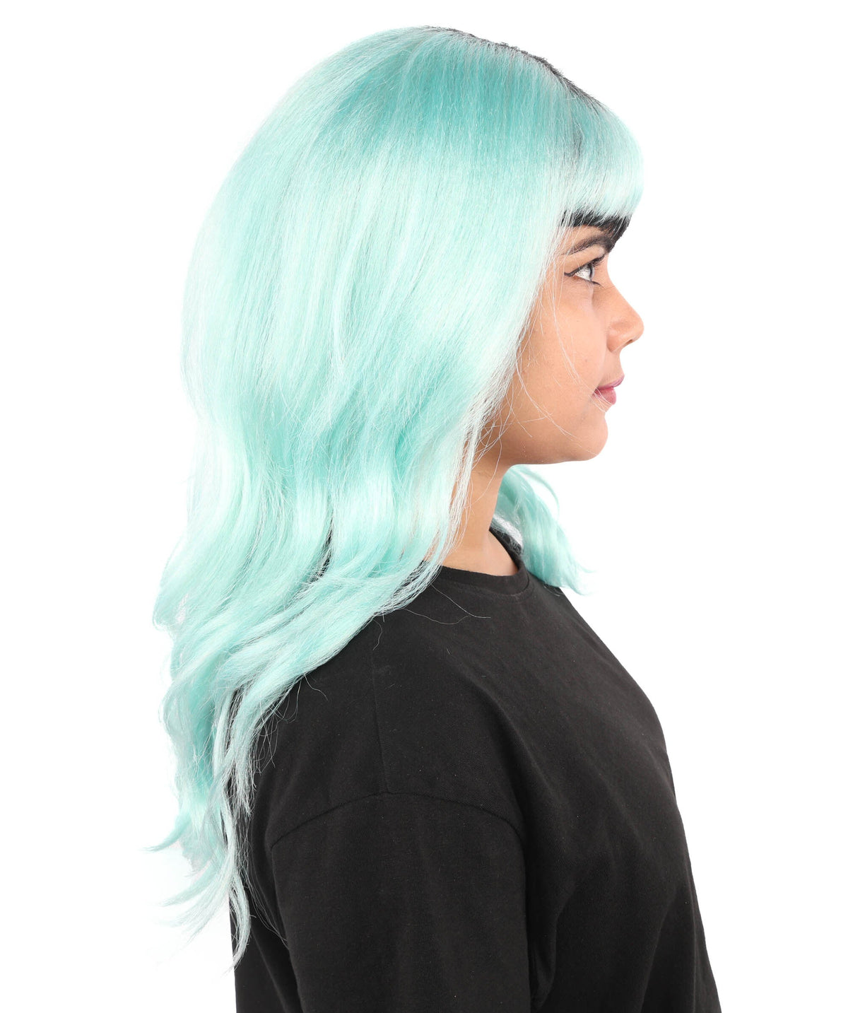 Adult Women's Long Black & Blue Layered Wig | Singer-Inspired Bob Hair Style with Full Bangs | Synthetic Fiber Hairpiece for Halloween and Cosplay