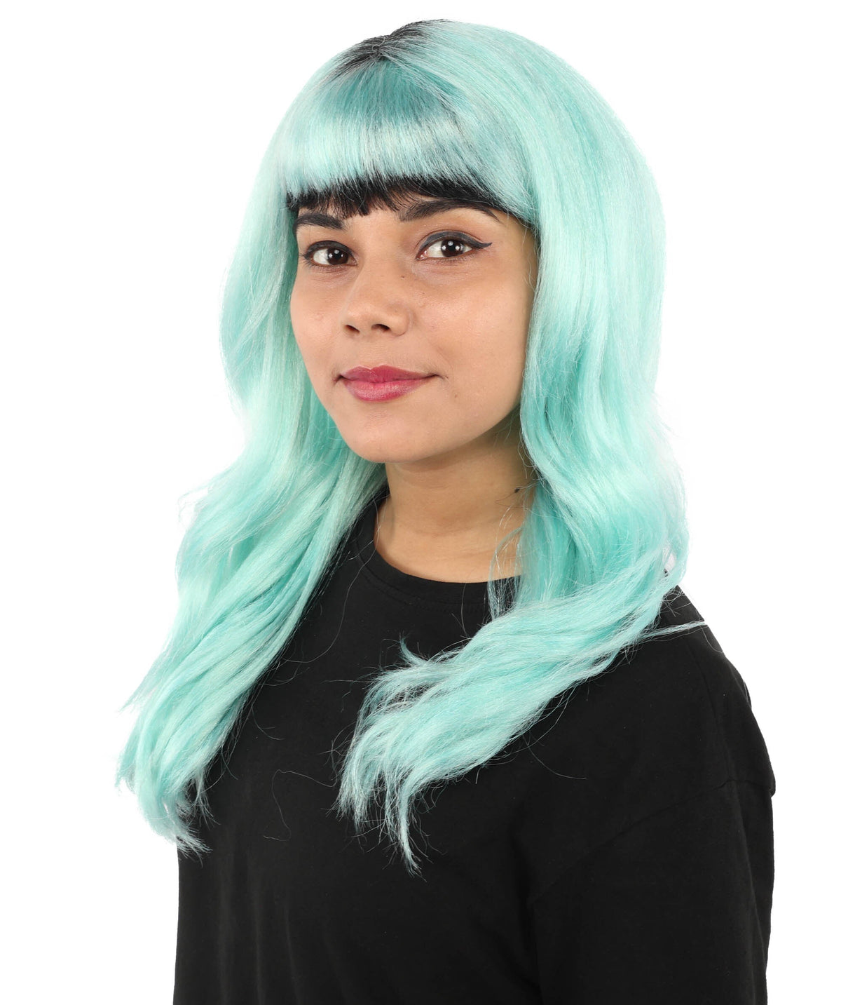 Adult Women's Long Black & Blue Layered Wig | Singer-Inspired Bob Hair Style with Full Bangs | Synthetic Fiber Hairpiece for Halloween and Cosplay