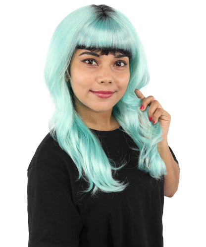 Adult Women's Long Black & Blue Layered Wig | Singer-Inspired Bob Hair Style with Full Bangs | Synthetic Fiber Hairpiece for Halloween and Cosplay