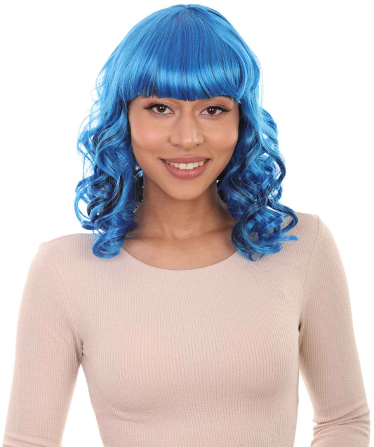 Blue Wavy Womens Wig | Medium Curly Halloween Wig | Premium Breathable Capless Cap