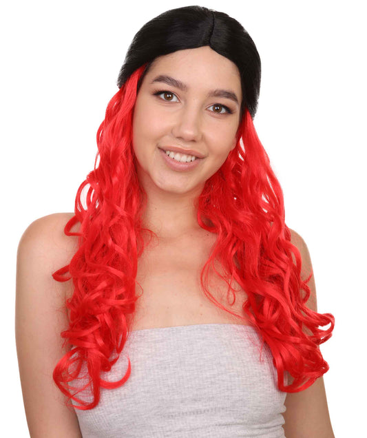 Black and Red Long Wavy Womens Wig | Fancy Halloween Wig | Premium Breathable Capless Cap