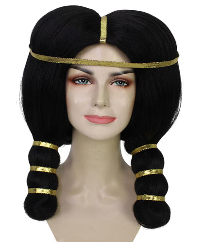 Women's Ancient Egyptian Straight Black Wig with Golden Ornaments, Best for Halloween, Flame-retardant Synthetic Materials