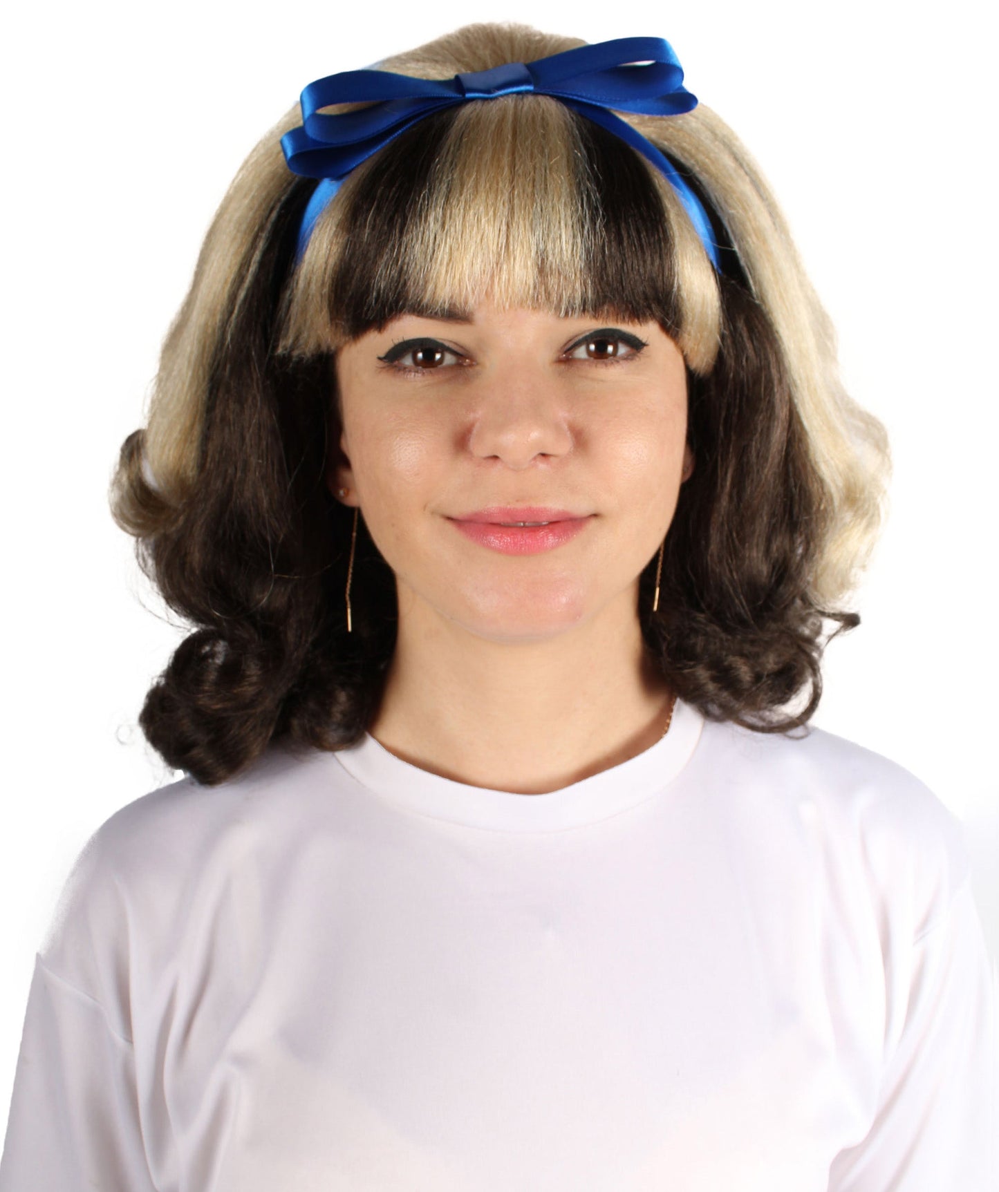 HPO  Women's American Actress Wig |  Black and Blonde Color with Blue Bow  | Perfect for Halloween | Flame-retardant Synthetic Fiber