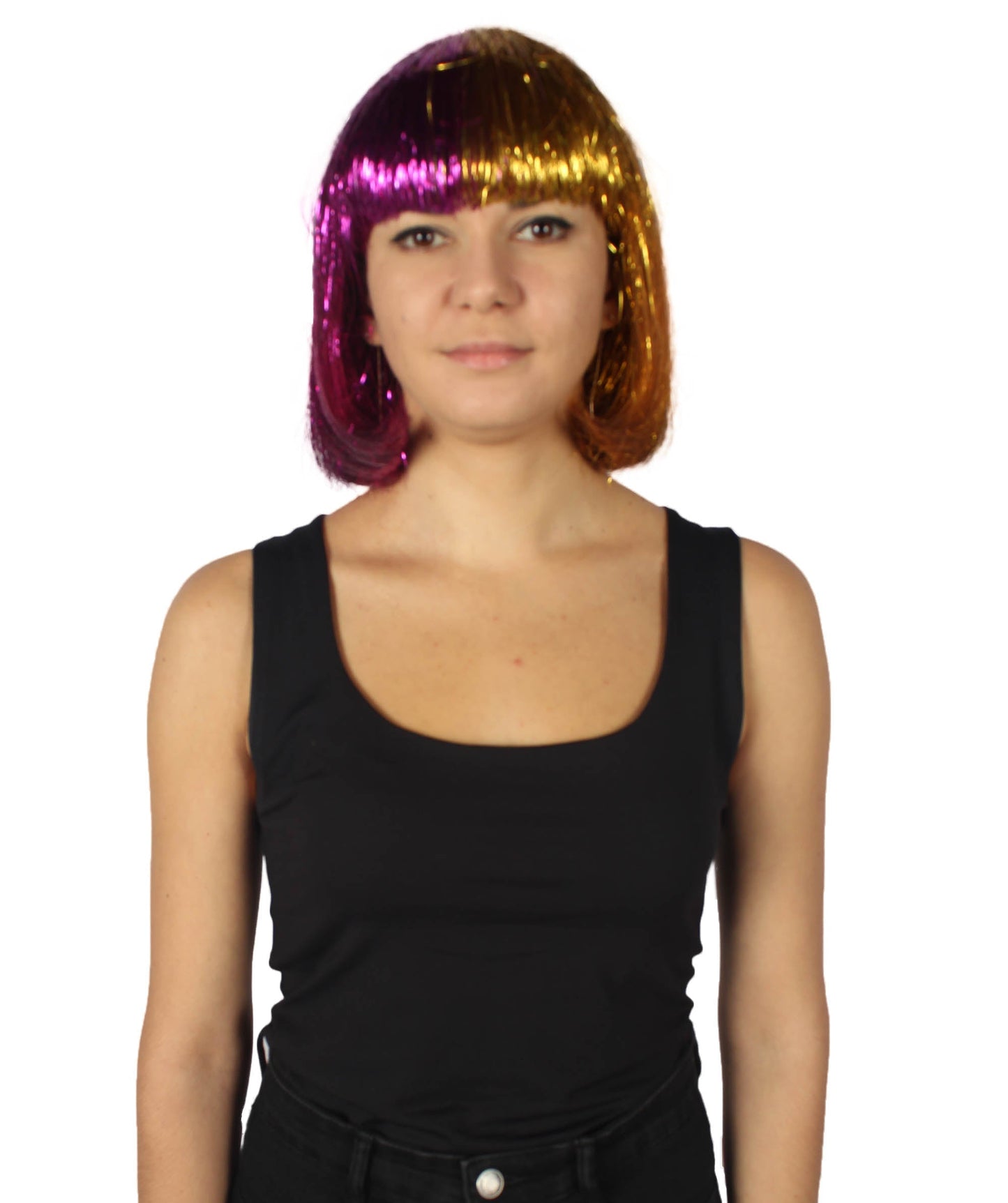 Gold and Purple Bob Tinsel Wig