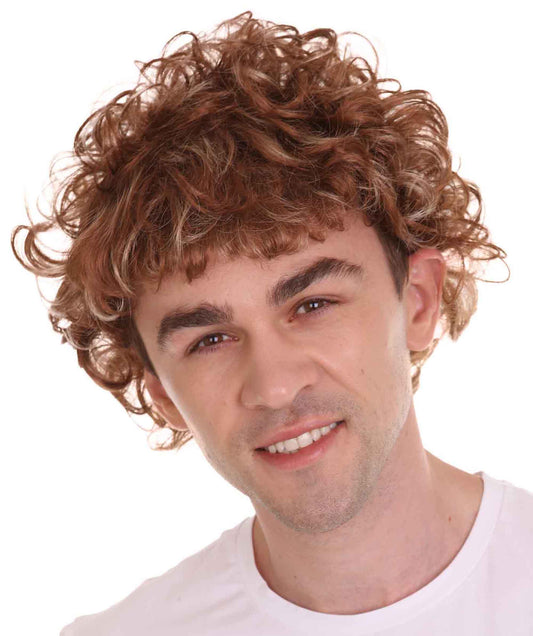 Men's Short Length  Curly Pop Rocker Wig | Brown Fancy Wig | Premium Breathable Capless Cap