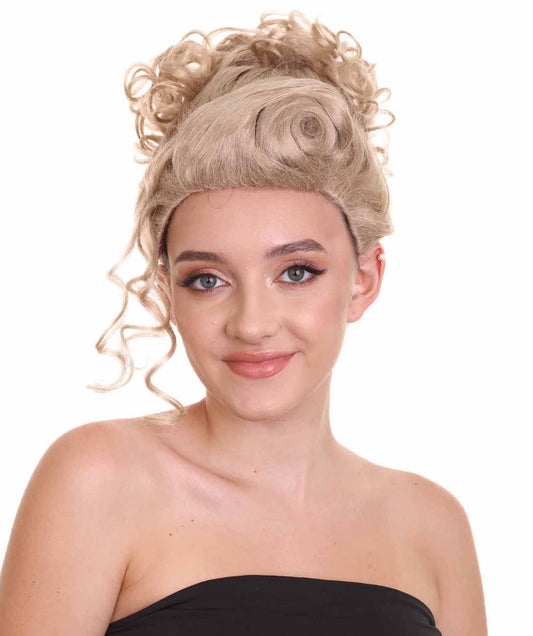 Womens Short Length Blonde Curly Pinned Up Calm Down Fancy Wig | Premium Breathable Capless Cap