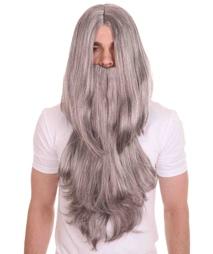 Long Wizard Wig and Beard Set | Grey Storybook & Fairytale Wigs | Premium Breathable Capless Cap