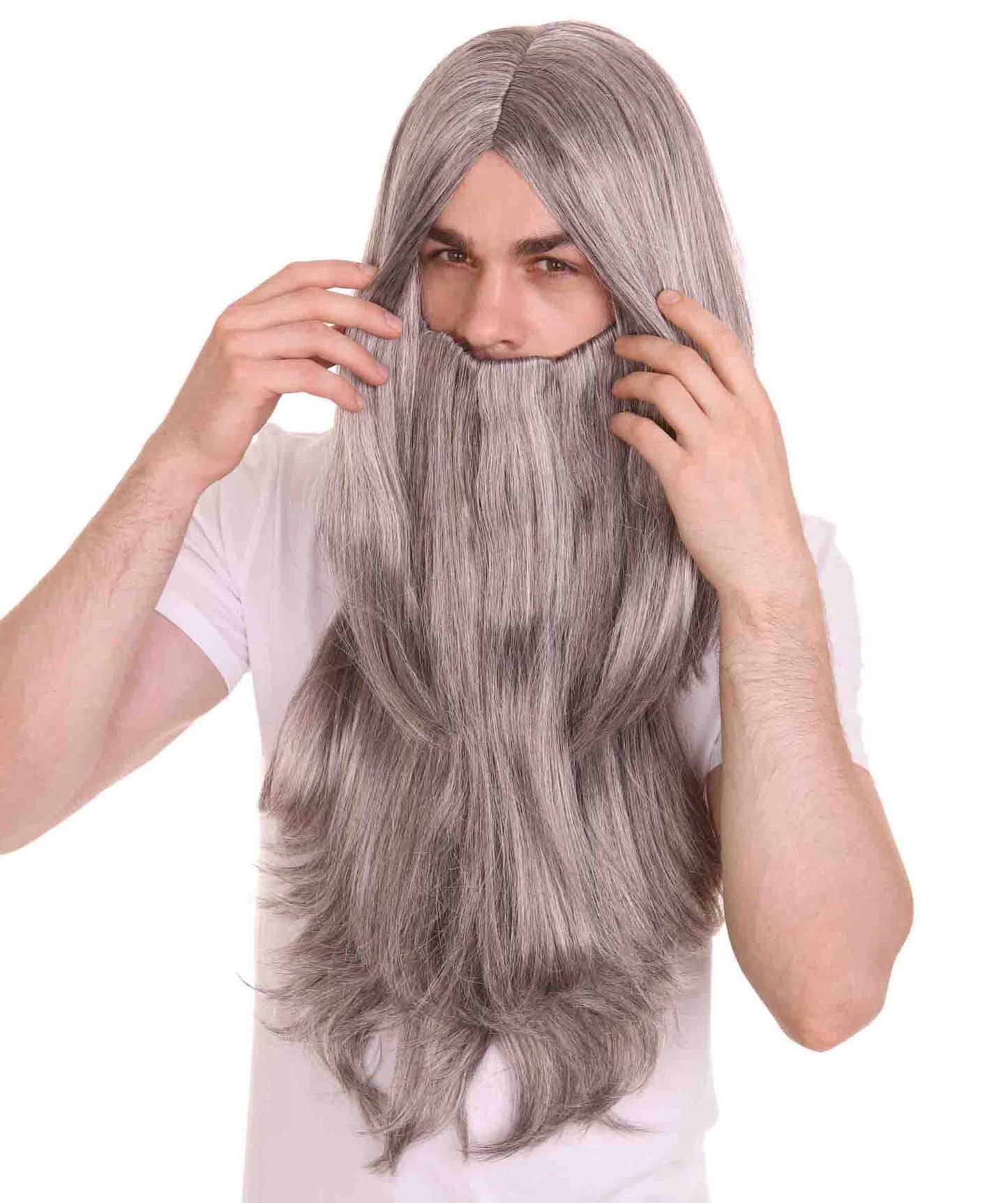 Long Wizard Wig and Beard Set | Grey Storybook & Fairytale Wigs | Premium Breathable Capless Cap