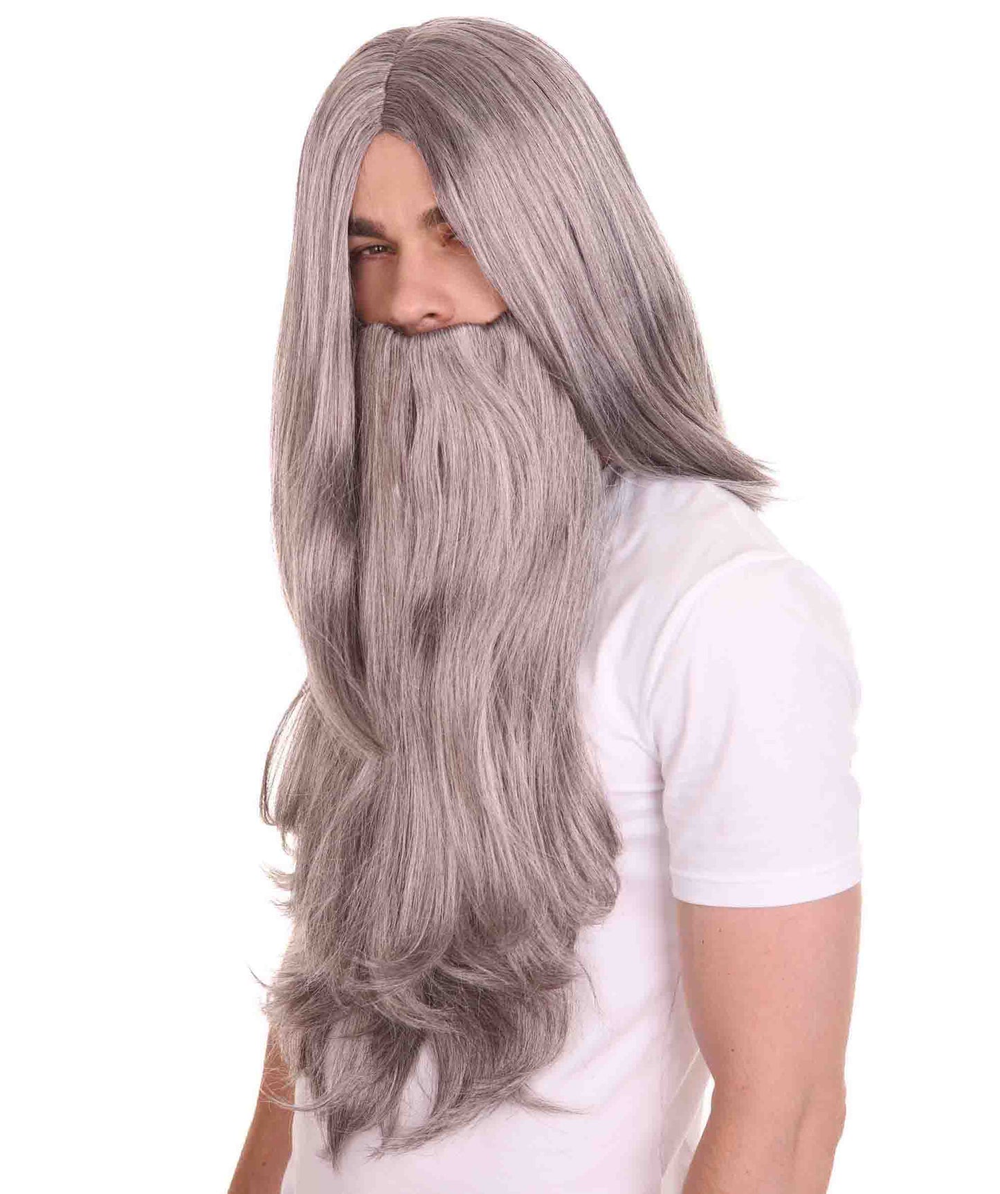 Long Wizard Wig and Beard Set | Grey Storybook & Fairytale Wigs | Premium Breathable Capless Cap