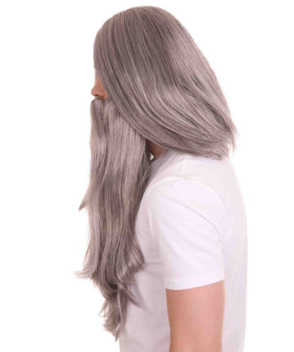 Long Wizard Wig and Beard Set | Grey Storybook & Fairytale Wigs | Premium Breathable Capless Cap