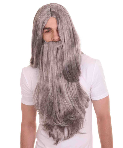 Long Wizard Wig and Beard Set | Grey Storybook & Fairytale Wigs | Premium Breathable Capless Cap