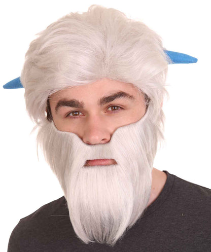 Men's TV/Movie Small White Wig and Beard with Blue Horns, White TV/Movie Wigs, Premium Breathable Capless Cap