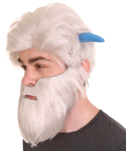 Men's TV/Movie Small White Wig and Beard with Blue Horns, White TV/Movie Wigs, Premium Breathable Capless Cap