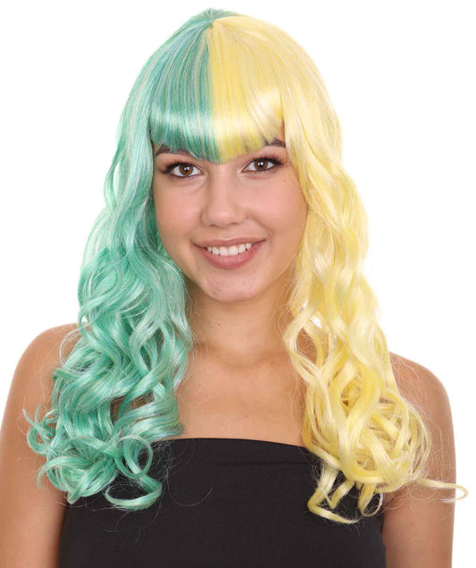 HPO Women's Comedian Girl Green/Yellow Fancy  Wig, Perfect for Halloween, Flame-retardant Synthetic Fiber