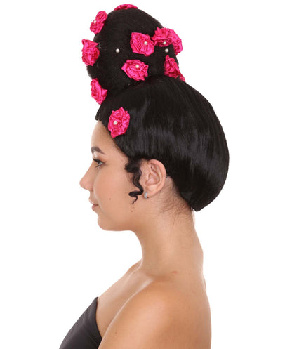 Womens Pinned Up Bun Artist Wig - Long Black Hair with Pink Flowers - Capless Cap Design