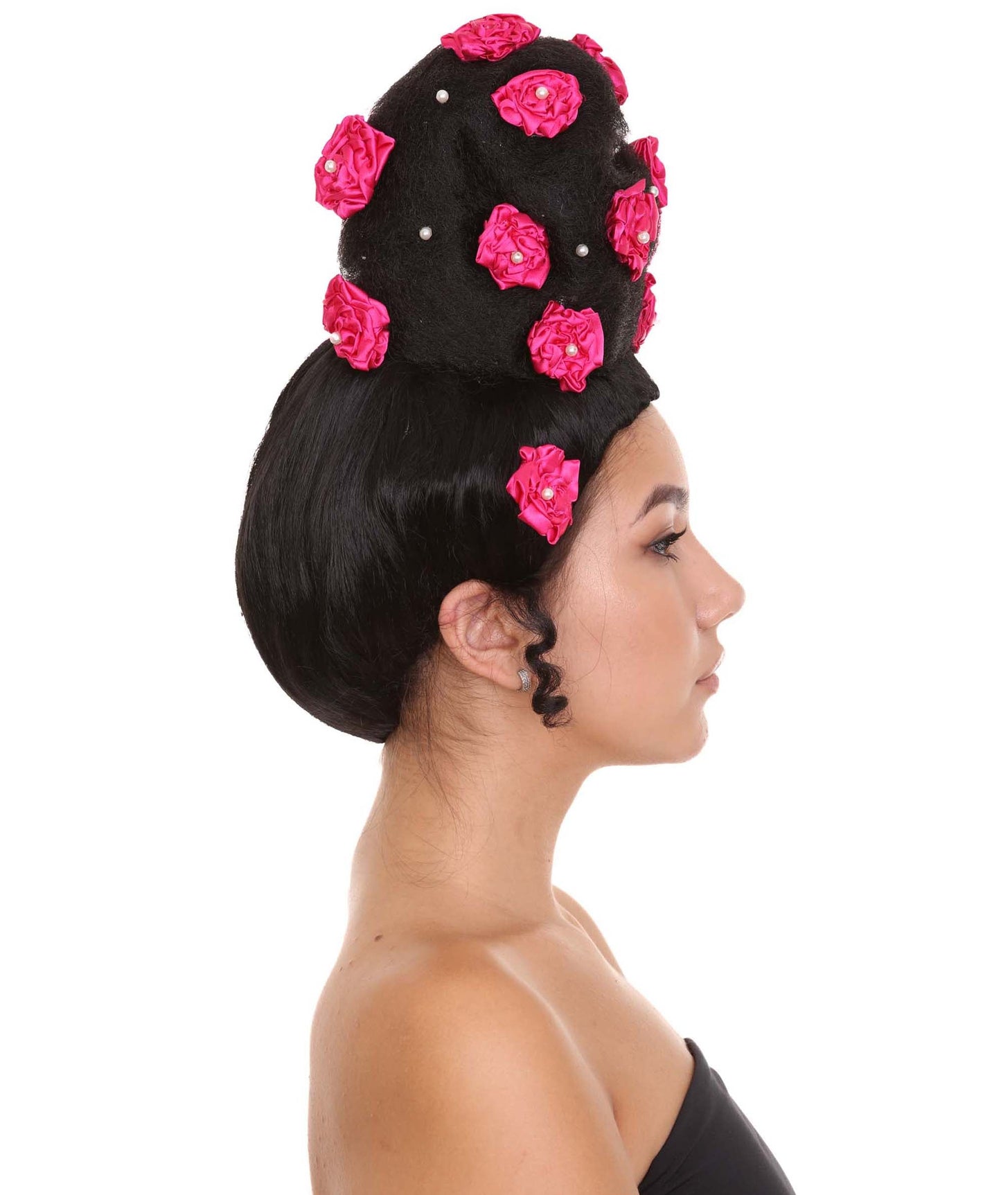 Womens Pinned Up Bun Artist Wig - Long Black Hair with Pink Flowers - Capless Cap Design